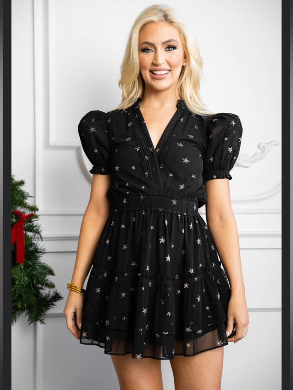 Buddy Love Clementine Mini Dress Comet Black Star Print Puff Sleeve, M, NWT - Picture 5 of 5